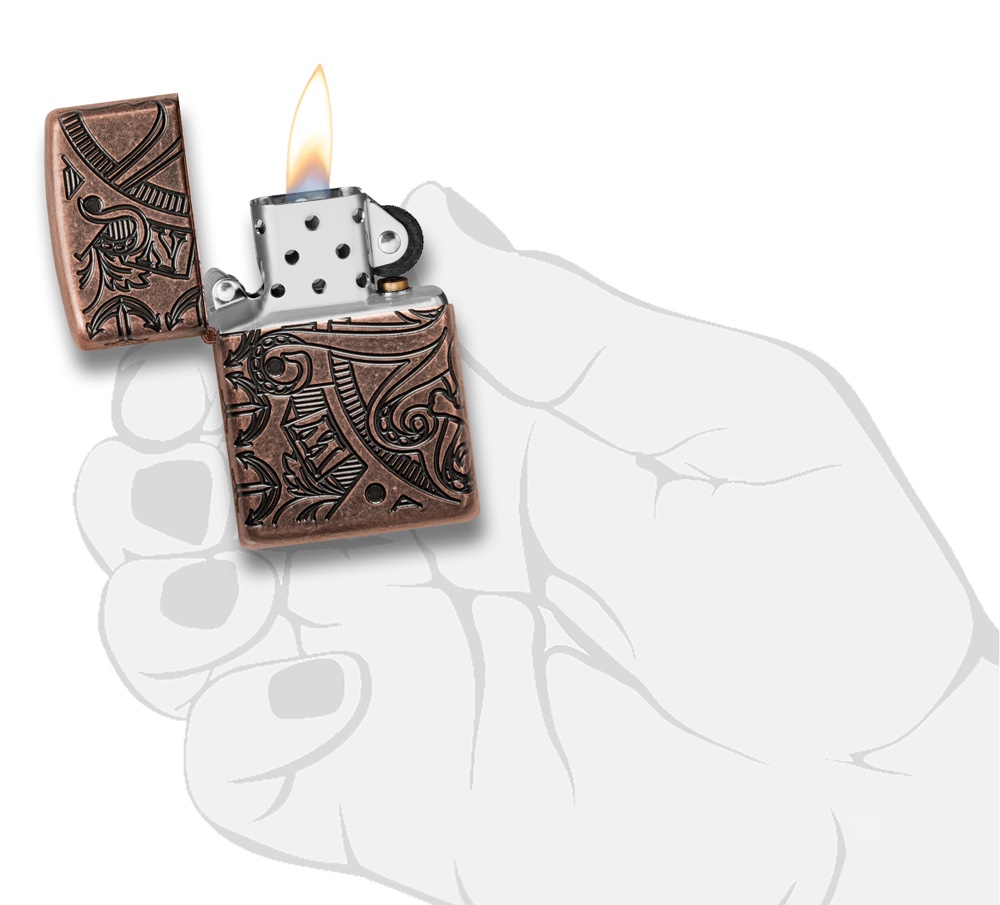 Front shot of Zippo Bejeweled Beetle Design High Polish Brass Windproof Lighter standing at a 3/4 angle.