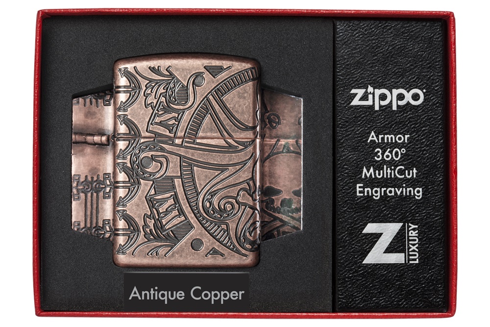 Front shot of Zippo Bejeweled Beetle Design High Polish Brass Windproof Lighter standing at a 3/4 angle.