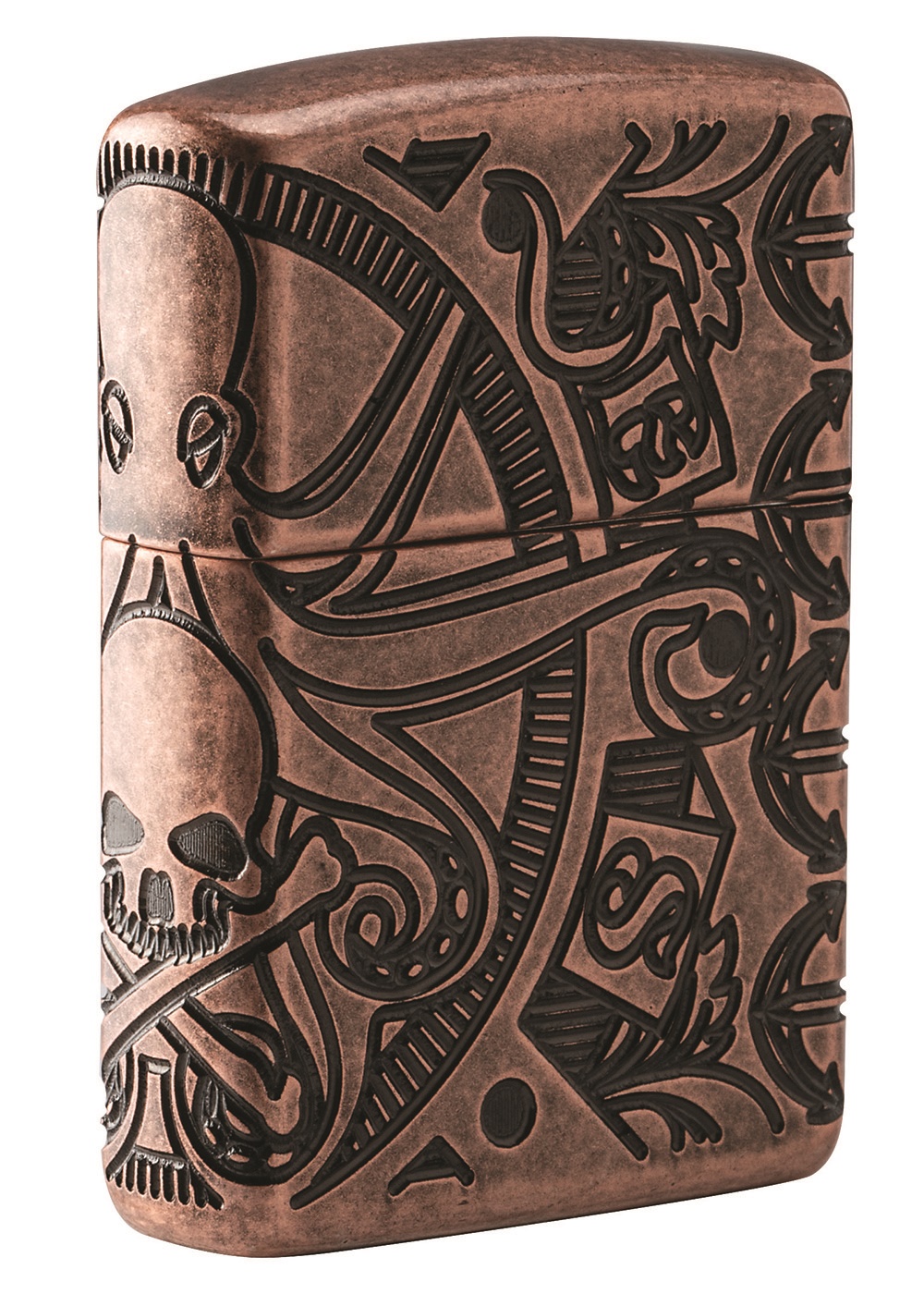 Front shot of Zippo Bejeweled Beetle Design High Polish Brass Windproof Lighter standing at a 3/4 angle.