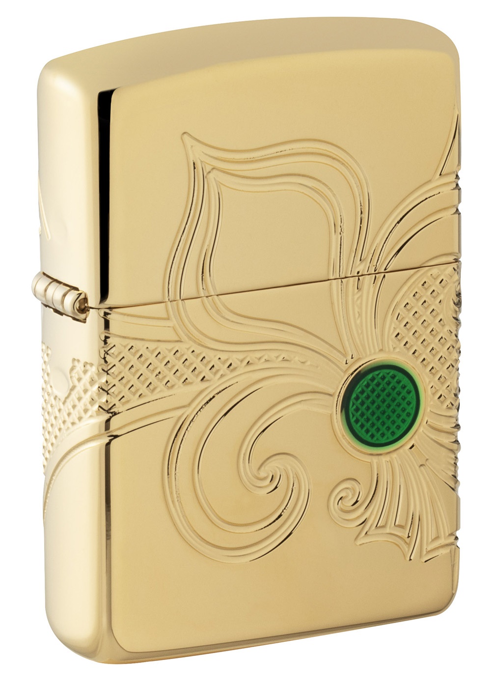 Front shot of Zippo Bejeweled Beetle Design High Polish Brass Windproof Lighter standing at a 3/4 angle.