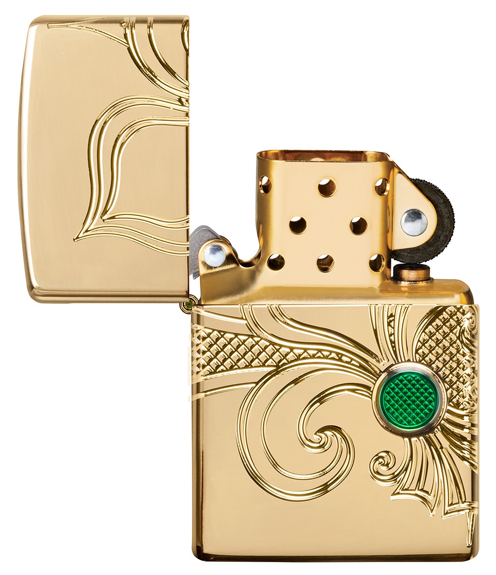 Front shot of Zippo Bejeweled Beetle Design High Polish Brass Windproof Lighter standing at a 3/4 angle.