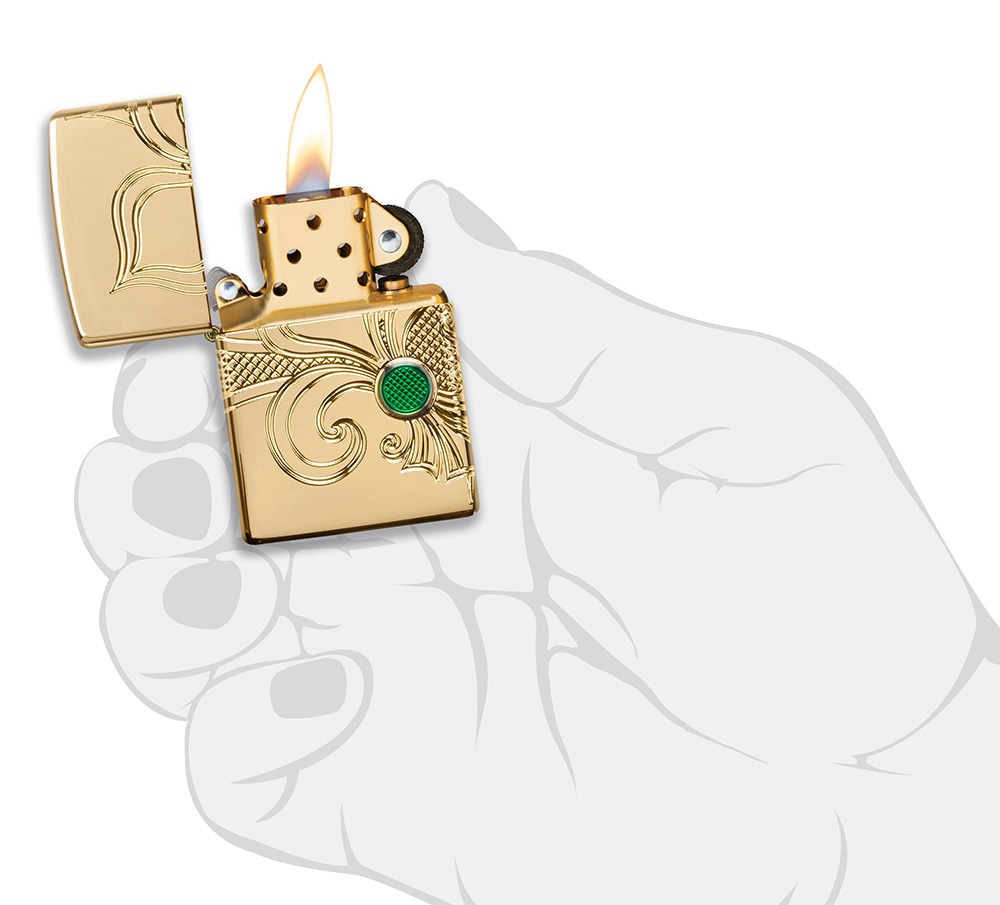 Front shot of Zippo Bejeweled Beetle Design High Polish Brass Windproof Lighter standing at a 3/4 angle.