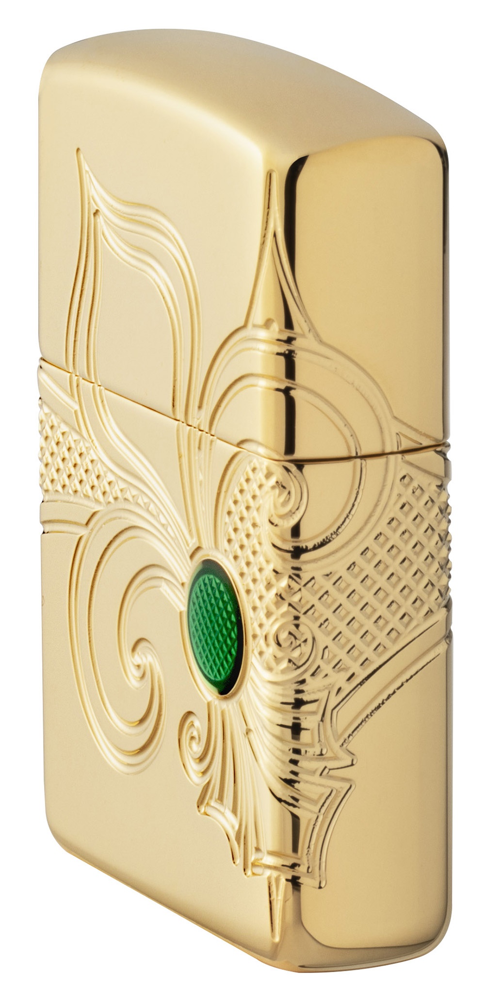 Front shot of Zippo Bejeweled Beetle Design High Polish Brass Windproof Lighter standing at a 3/4 angle.