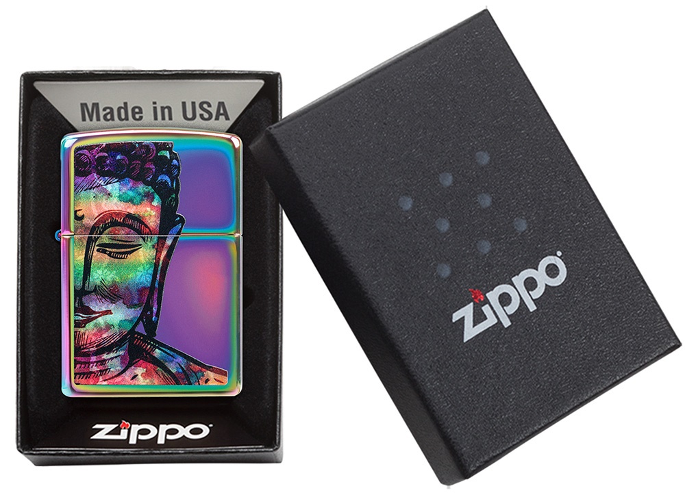 Front shot of Zippo Bejeweled Beetle Design High Polish Brass Windproof Lighter standing at a 3/4 angle.