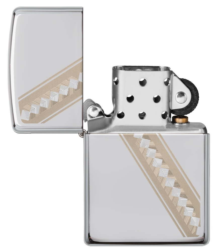 Front shot of Zippo Bejeweled Beetle Design High Polish Brass Windproof Lighter standing at a 3/4 angle.