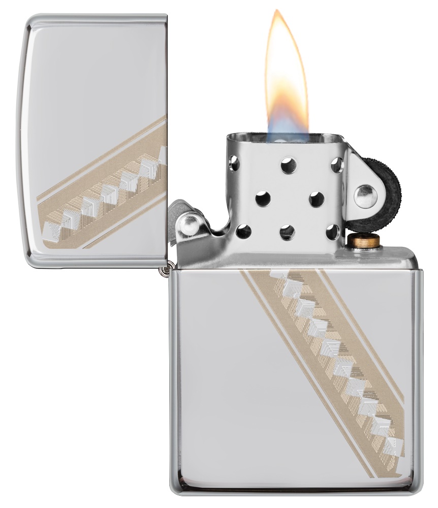 Front shot of Zippo Bejeweled Beetle Design High Polish Brass Windproof Lighter standing at a 3/4 angle.
