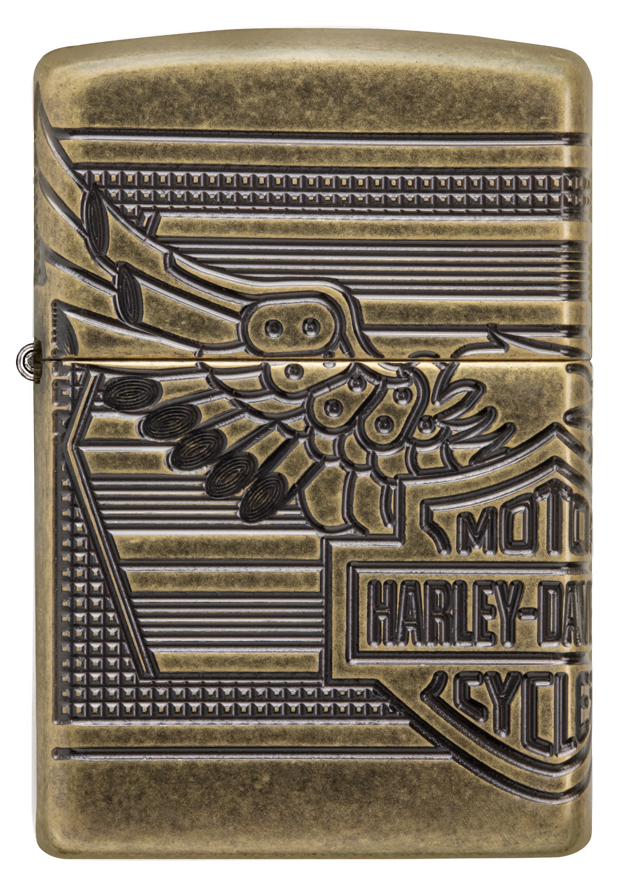 Front shot of Zippo Bejeweled Beetle Design High Polish Brass Windproof Lighter standing at a 3/4 angle.