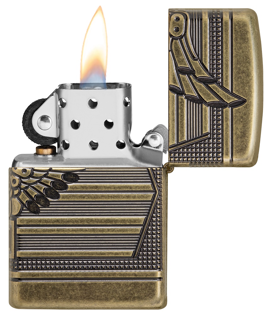 Front shot of Zippo Bejeweled Beetle Design High Polish Brass Windproof Lighter standing at a 3/4 angle.