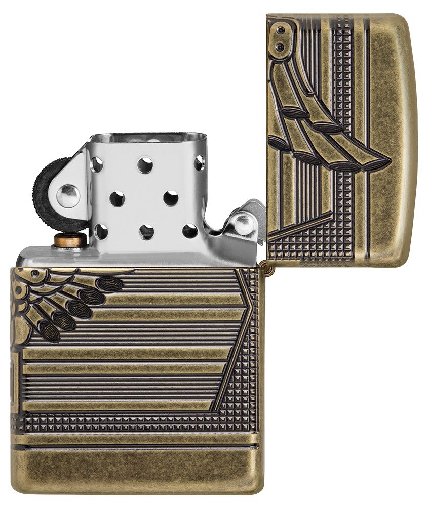 Front shot of Zippo Bejeweled Beetle Design High Polish Brass Windproof Lighter standing at a 3/4 angle.