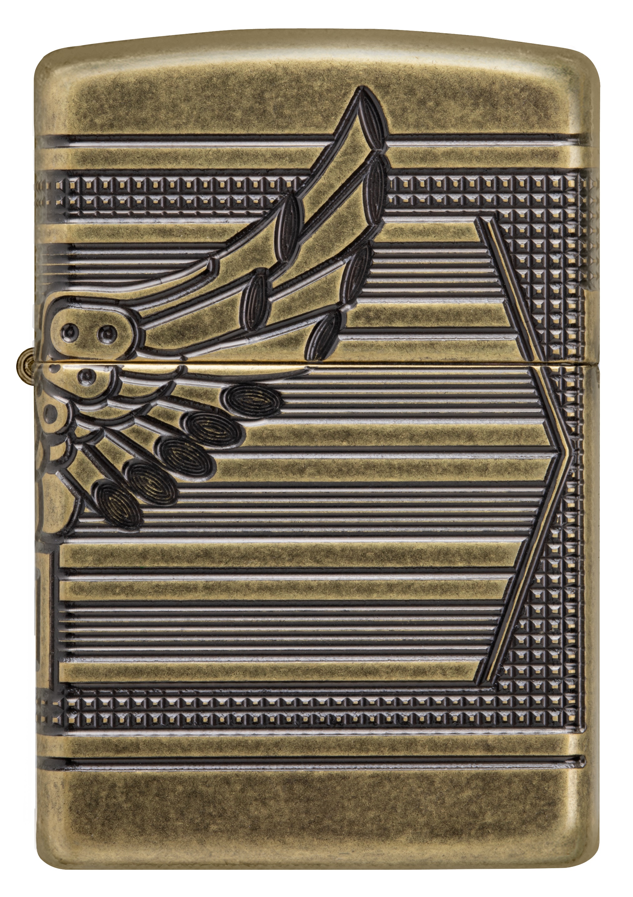 Front shot of Zippo Bejeweled Beetle Design High Polish Brass Windproof Lighter standing at a 3/4 angle.