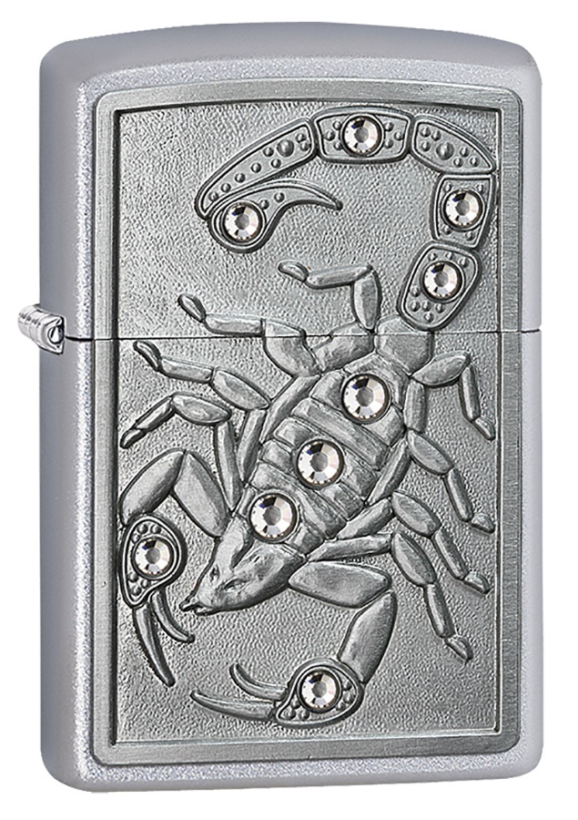 Front shot of Zippo Bejeweled Beetle Design High Polish Brass Windproof Lighter standing at a 3/4 angle.
