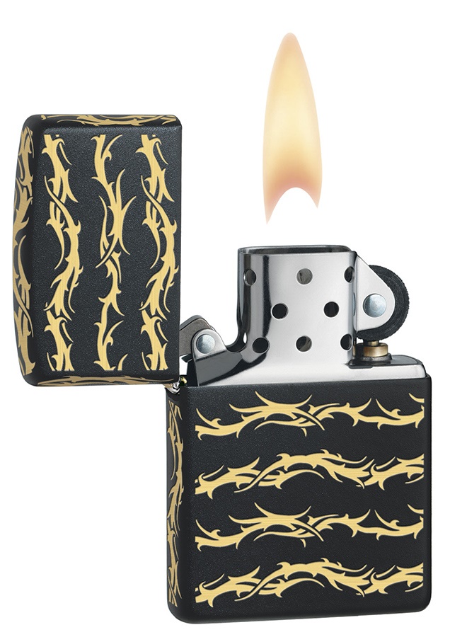 Front shot of Zippo Bejeweled Beetle Design High Polish Brass Windproof Lighter standing at a 3/4 angle.