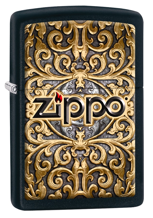 Front shot of Zippo Bejeweled Beetle Design High Polish Brass Windproof Lighter standing at a 3/4 angle.