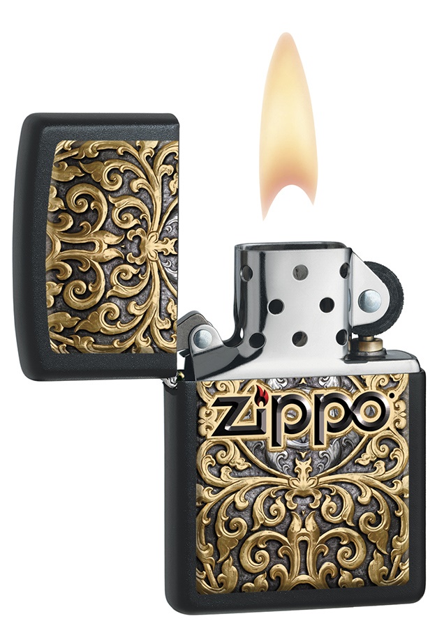 Front shot of Zippo Bejeweled Beetle Design High Polish Brass Windproof Lighter standing at a 3/4 angle.