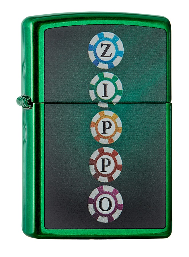 Front shot of Zippo Bejeweled Beetle Design High Polish Brass Windproof Lighter standing at a 3/4 angle.