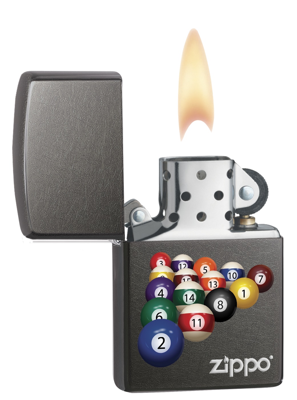 Front shot of Zippo Bejeweled Beetle Design High Polish Brass Windproof Lighter standing at a 3/4 angle.