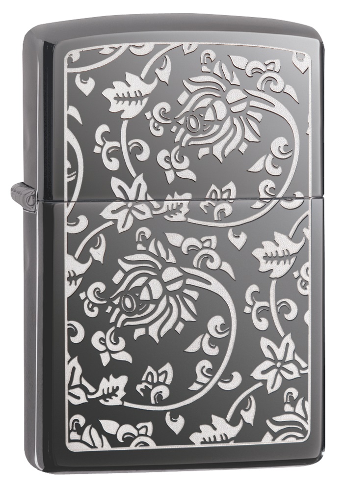 Front shot of Zippo Bejeweled Beetle Design High Polish Brass Windproof Lighter standing at a 3/4 angle.