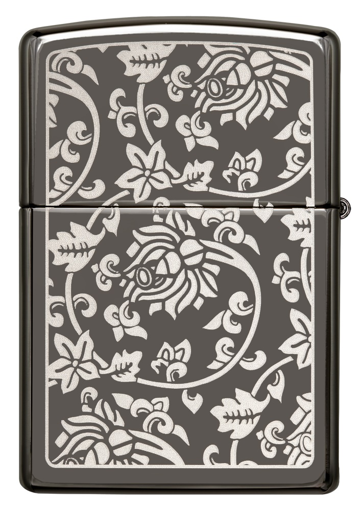 Front shot of Zippo Bejeweled Beetle Design High Polish Brass Windproof Lighter standing at a 3/4 angle.