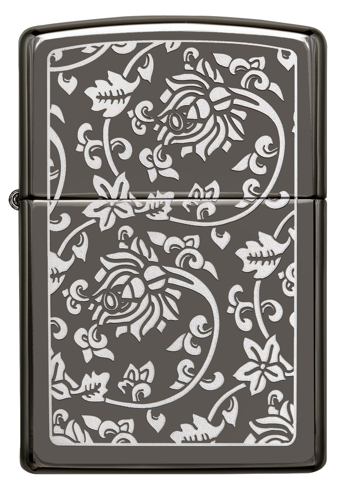 Front shot of Zippo Bejeweled Beetle Design High Polish Brass Windproof Lighter standing at a 3/4 angle.