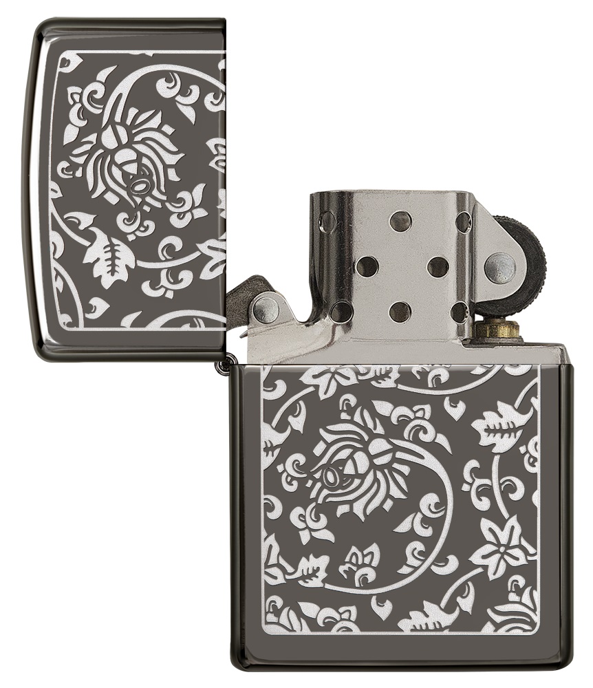 Front shot of Zippo Bejeweled Beetle Design High Polish Brass Windproof Lighter standing at a 3/4 angle.