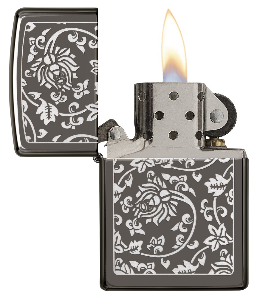 Front shot of Zippo Bejeweled Beetle Design High Polish Brass Windproof Lighter standing at a 3/4 angle.