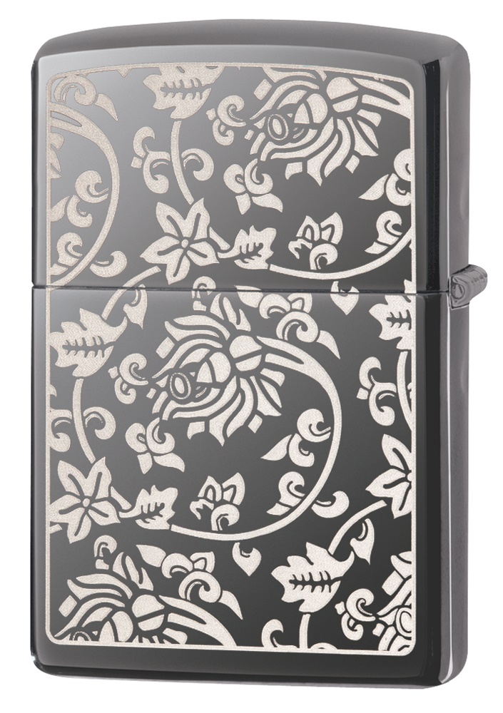 Front shot of Zippo Bejeweled Beetle Design High Polish Brass Windproof Lighter standing at a 3/4 angle.