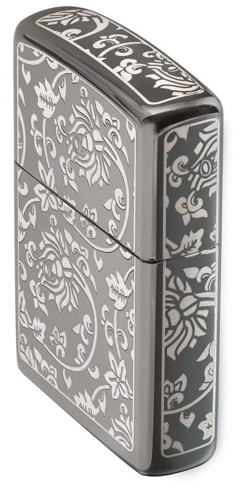 Front shot of Zippo Bejeweled Beetle Design High Polish Brass Windproof Lighter standing at a 3/4 angle.