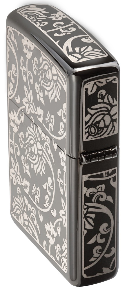 Front shot of Zippo Bejeweled Beetle Design High Polish Brass Windproof Lighter standing at a 3/4 angle.