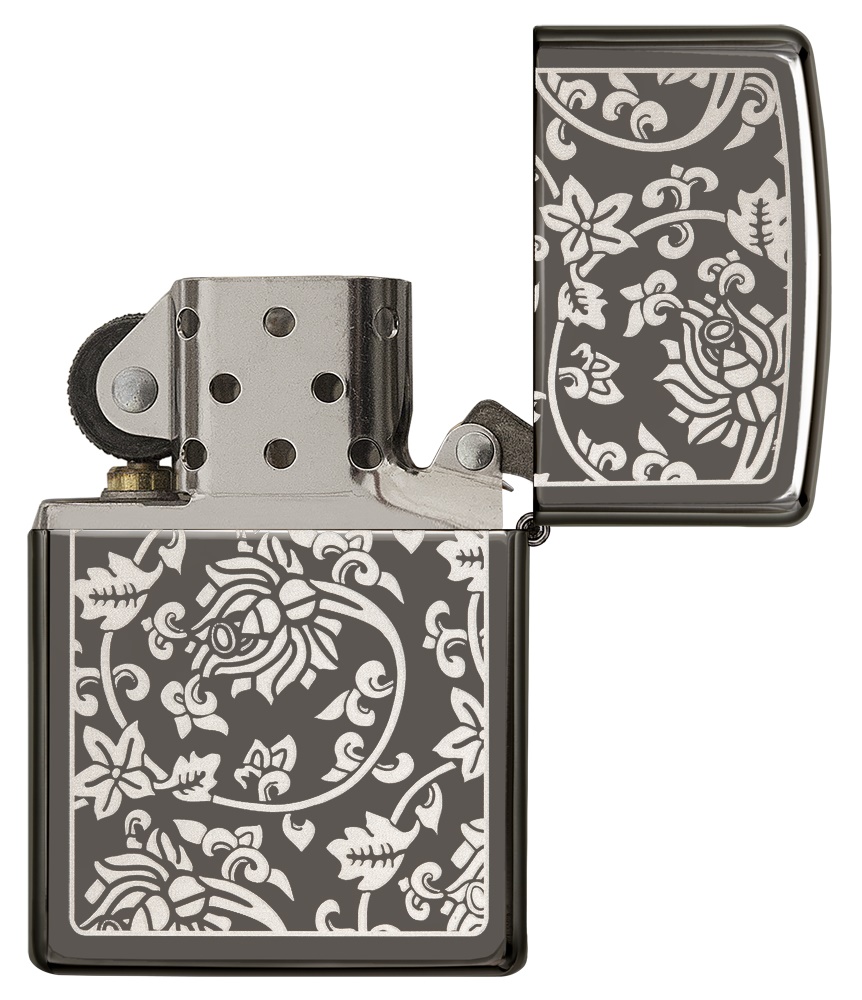 Front shot of Zippo Bejeweled Beetle Design High Polish Brass Windproof Lighter standing at a 3/4 angle.