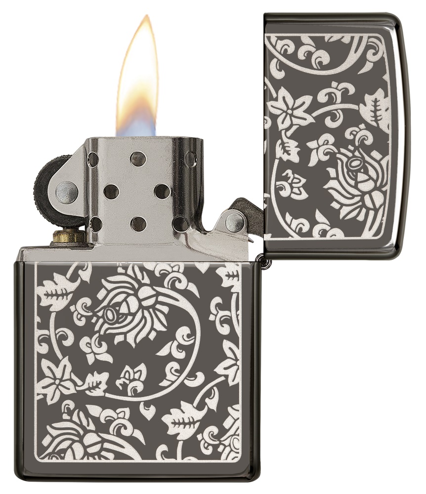 Front shot of Zippo Bejeweled Beetle Design High Polish Brass Windproof Lighter standing at a 3/4 angle.