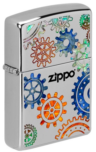 Front shot of Zippo Bejeweled Beetle Design High Polish Brass Windproof Lighter standing at a 3/4 angle.