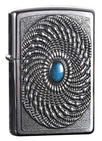 Front shot of Zippo Bejeweled Beetle Design High Polish Brass Windproof Lighter standing at a 3/4 angle.