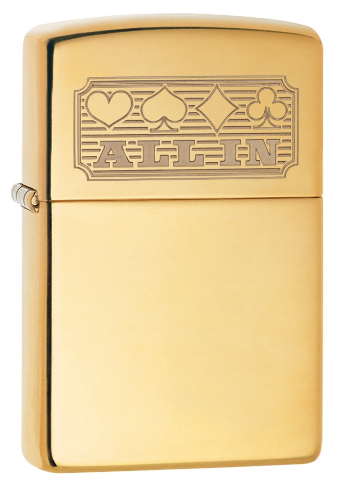 Front shot of Zippo Bejeweled Beetle Design High Polish Brass Windproof Lighter standing at a 3/4 angle.