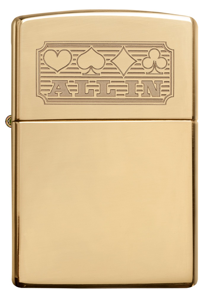 Front shot of Zippo Bejeweled Beetle Design High Polish Brass Windproof Lighter standing at a 3/4 angle.
