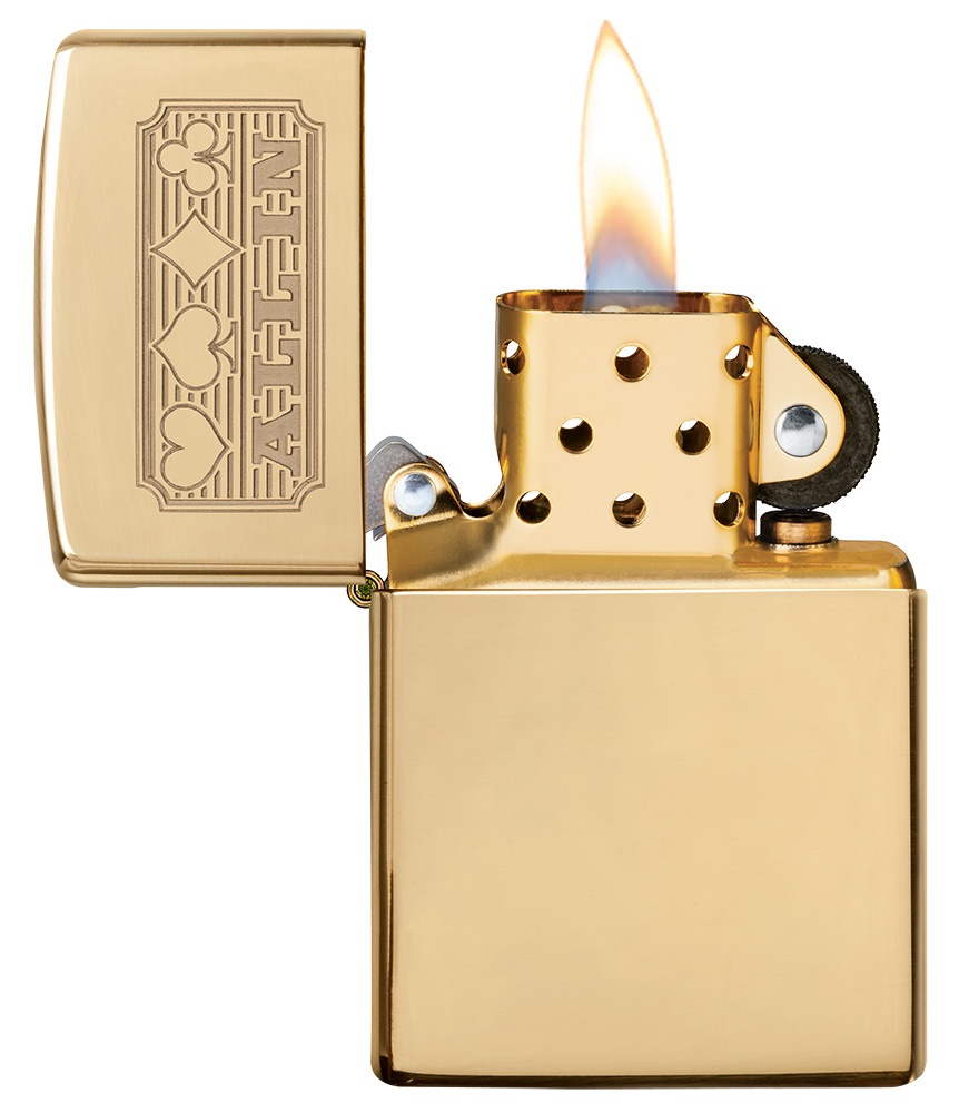 Front shot of Zippo Bejeweled Beetle Design High Polish Brass Windproof Lighter standing at a 3/4 angle.