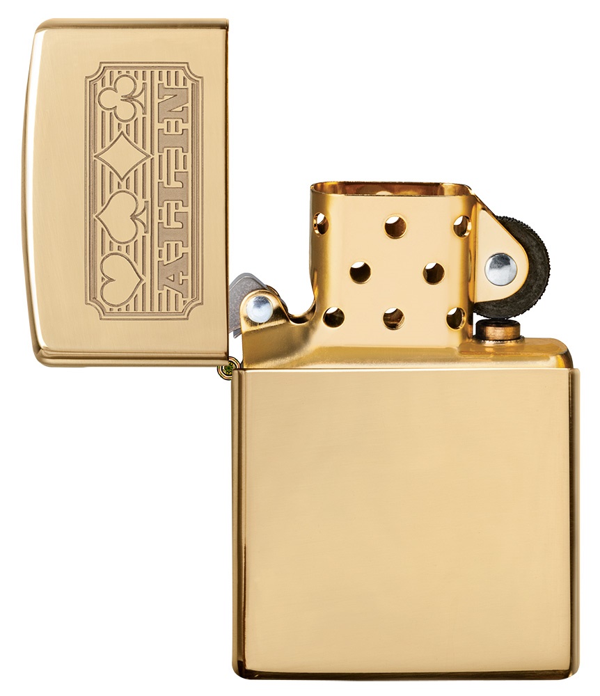 Front shot of Zippo Bejeweled Beetle Design High Polish Brass Windproof Lighter standing at a 3/4 angle.
