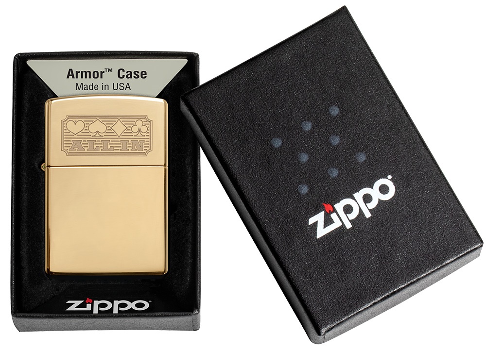 Front shot of Zippo Bejeweled Beetle Design High Polish Brass Windproof Lighter standing at a 3/4 angle.