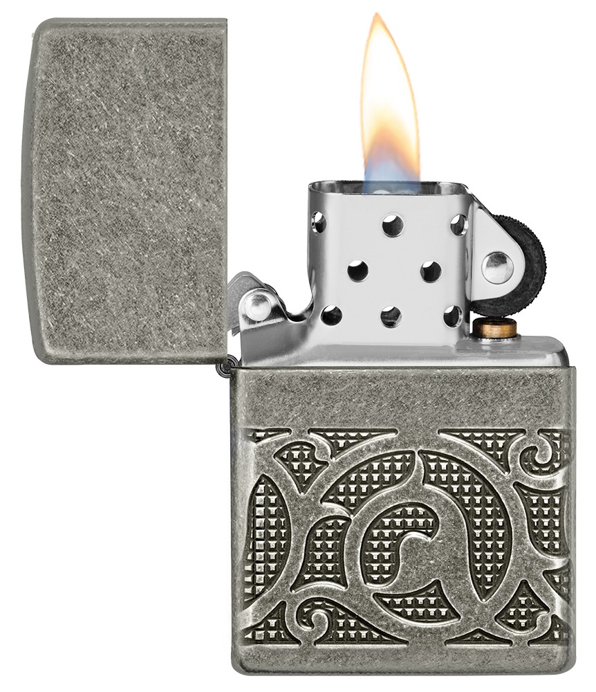 Front shot of Zippo Bejeweled Beetle Design High Polish Brass Windproof Lighter standing at a 3/4 angle.