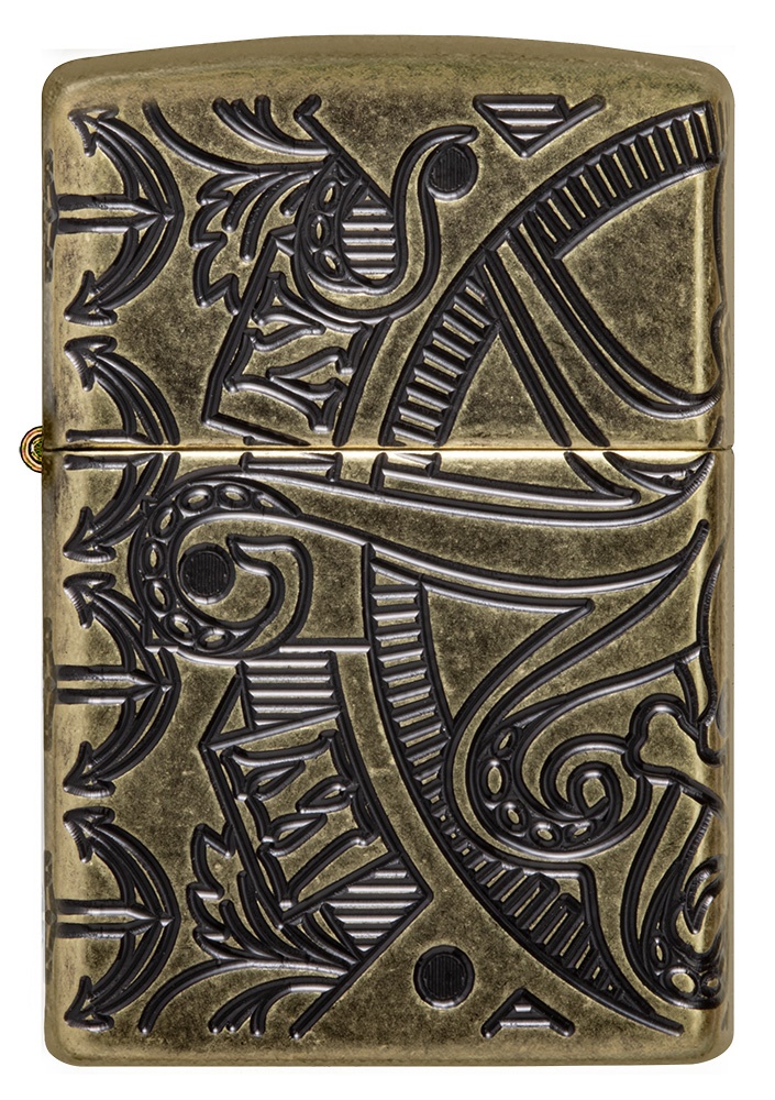 Front shot of Zippo Bejeweled Beetle Design High Polish Brass Windproof Lighter standing at a 3/4 angle.