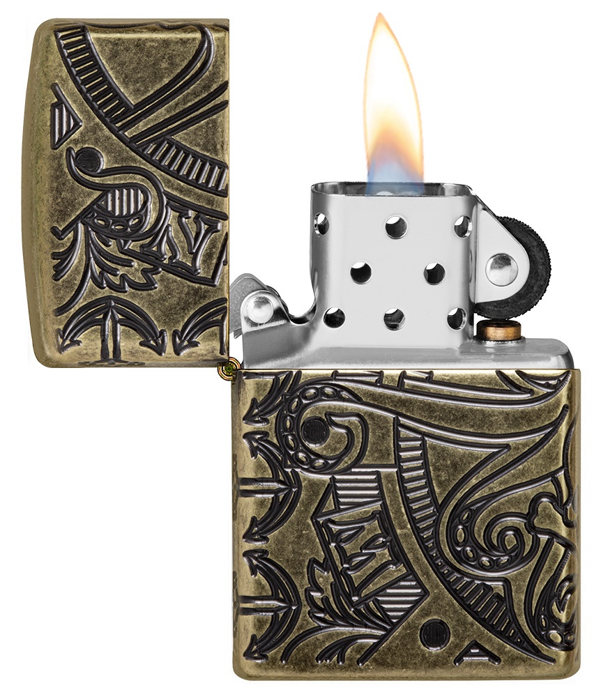 Front shot of Zippo Bejeweled Beetle Design High Polish Brass Windproof Lighter standing at a 3/4 angle.