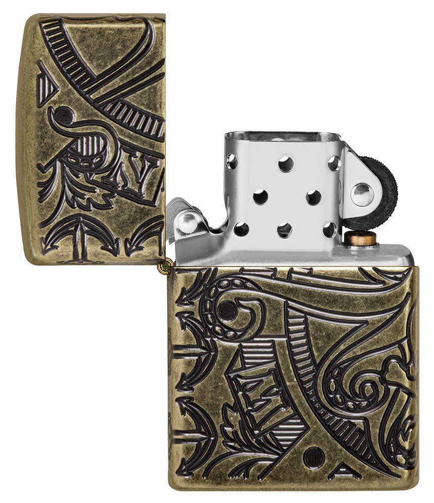 Front shot of Zippo Bejeweled Beetle Design High Polish Brass Windproof Lighter standing at a 3/4 angle.