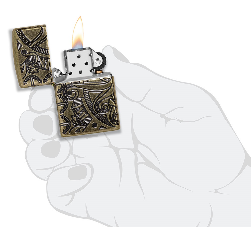 Front shot of Zippo Bejeweled Beetle Design High Polish Brass Windproof Lighter standing at a 3/4 angle.