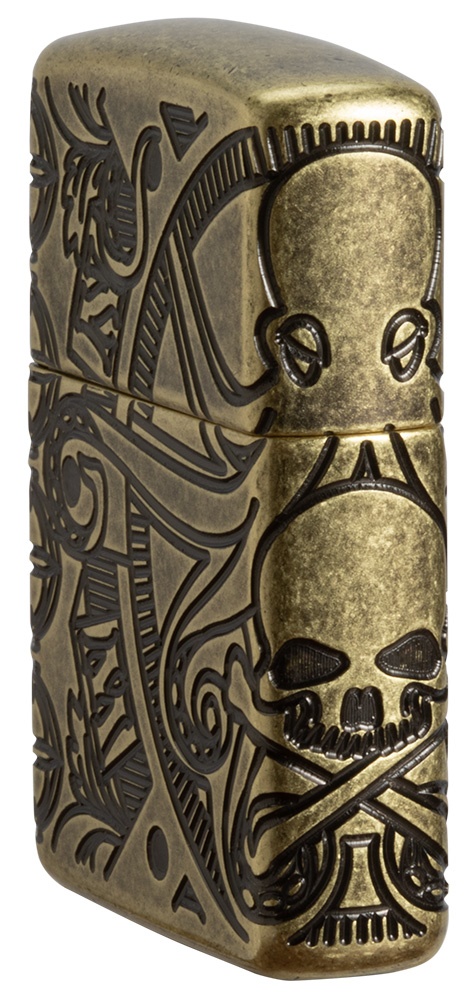Front shot of Zippo Bejeweled Beetle Design High Polish Brass Windproof Lighter standing at a 3/4 angle.