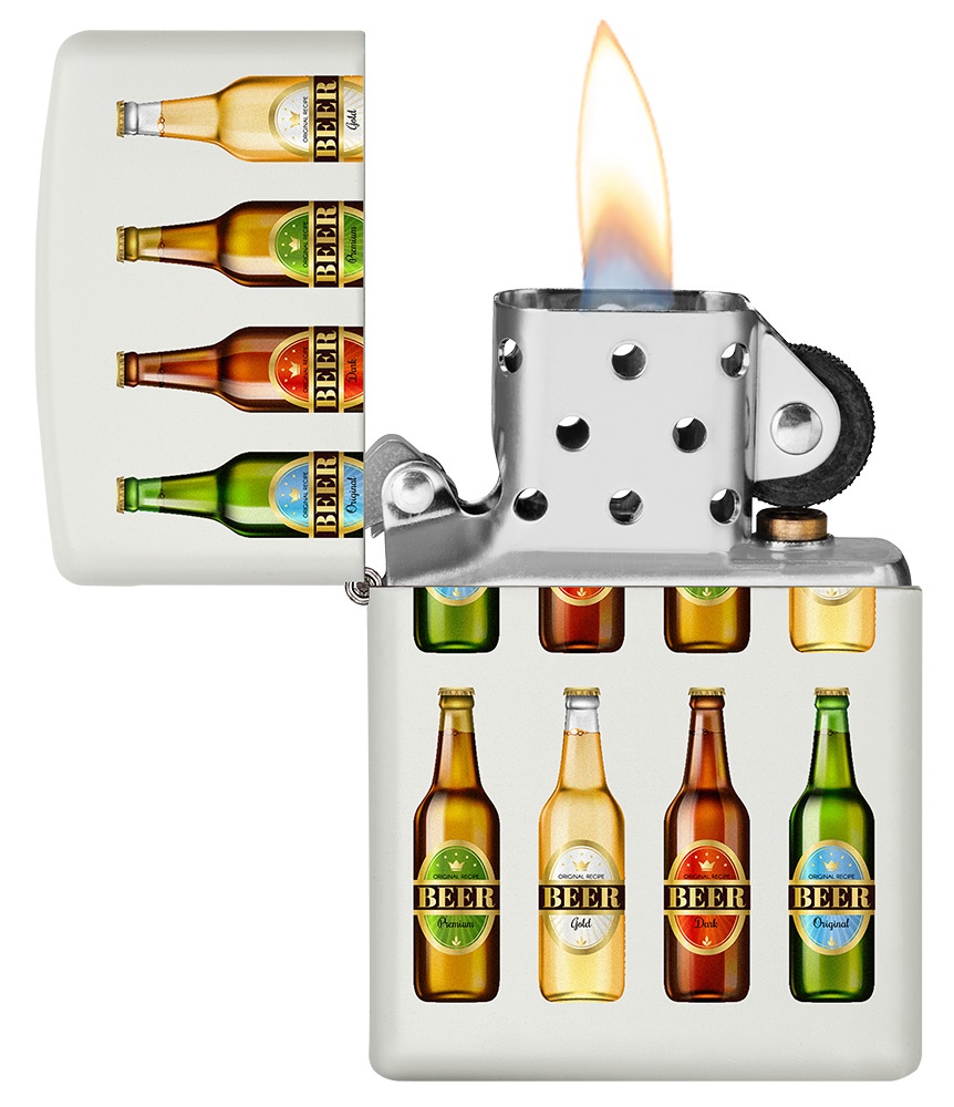 Front shot of Zippo Bejeweled Beetle Design High Polish Brass Windproof Lighter standing at a 3/4 angle.