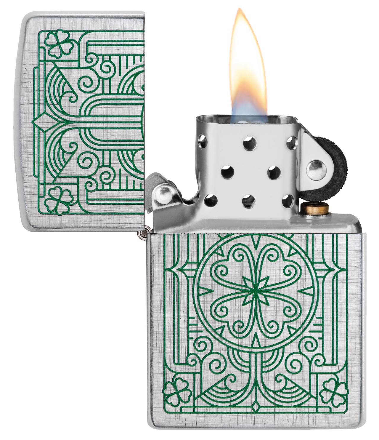 Front shot of Zippo Bejeweled Beetle Design High Polish Brass Windproof Lighter standing at a 3/4 angle.