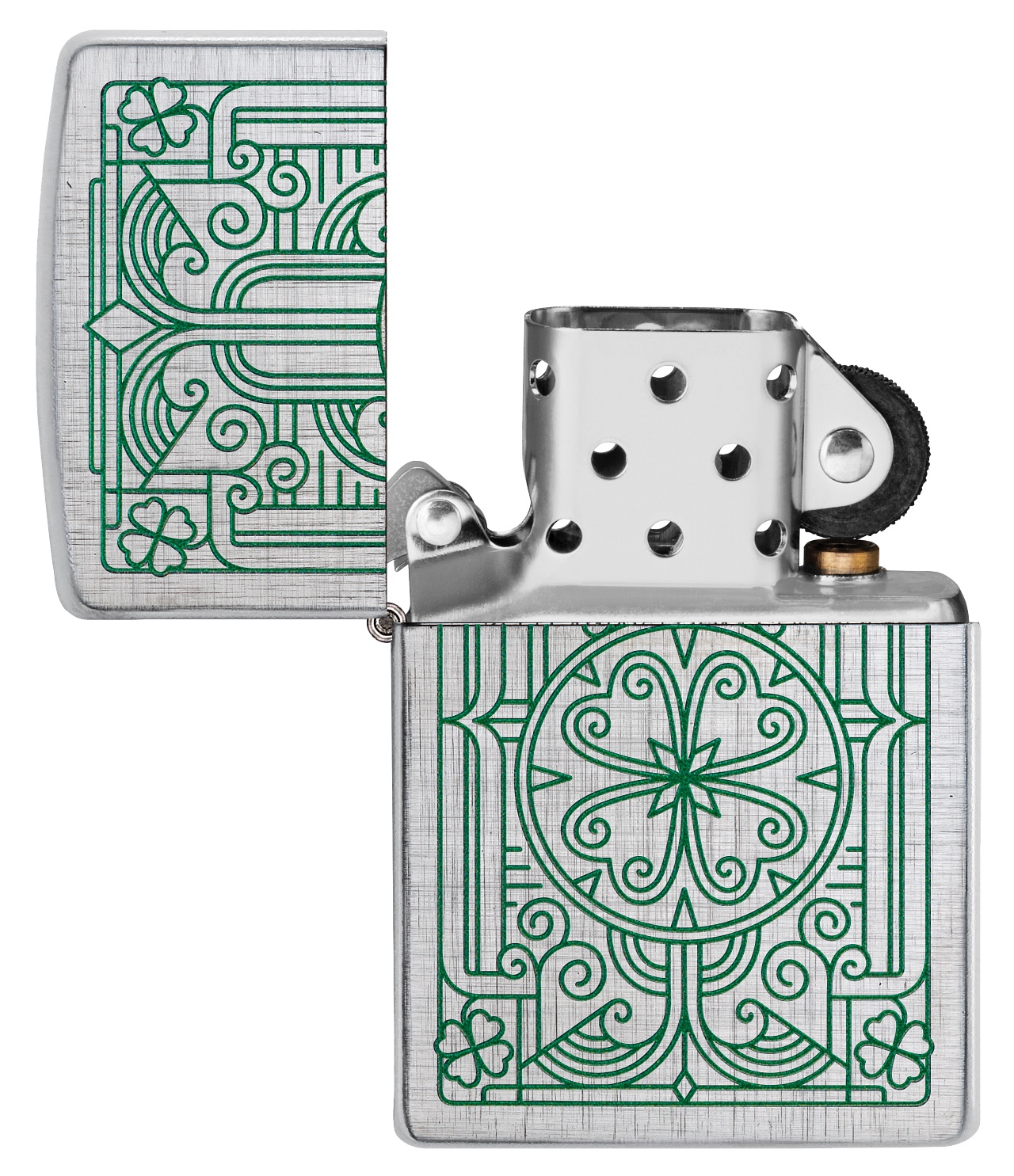Front shot of Zippo Bejeweled Beetle Design High Polish Brass Windproof Lighter standing at a 3/4 angle.