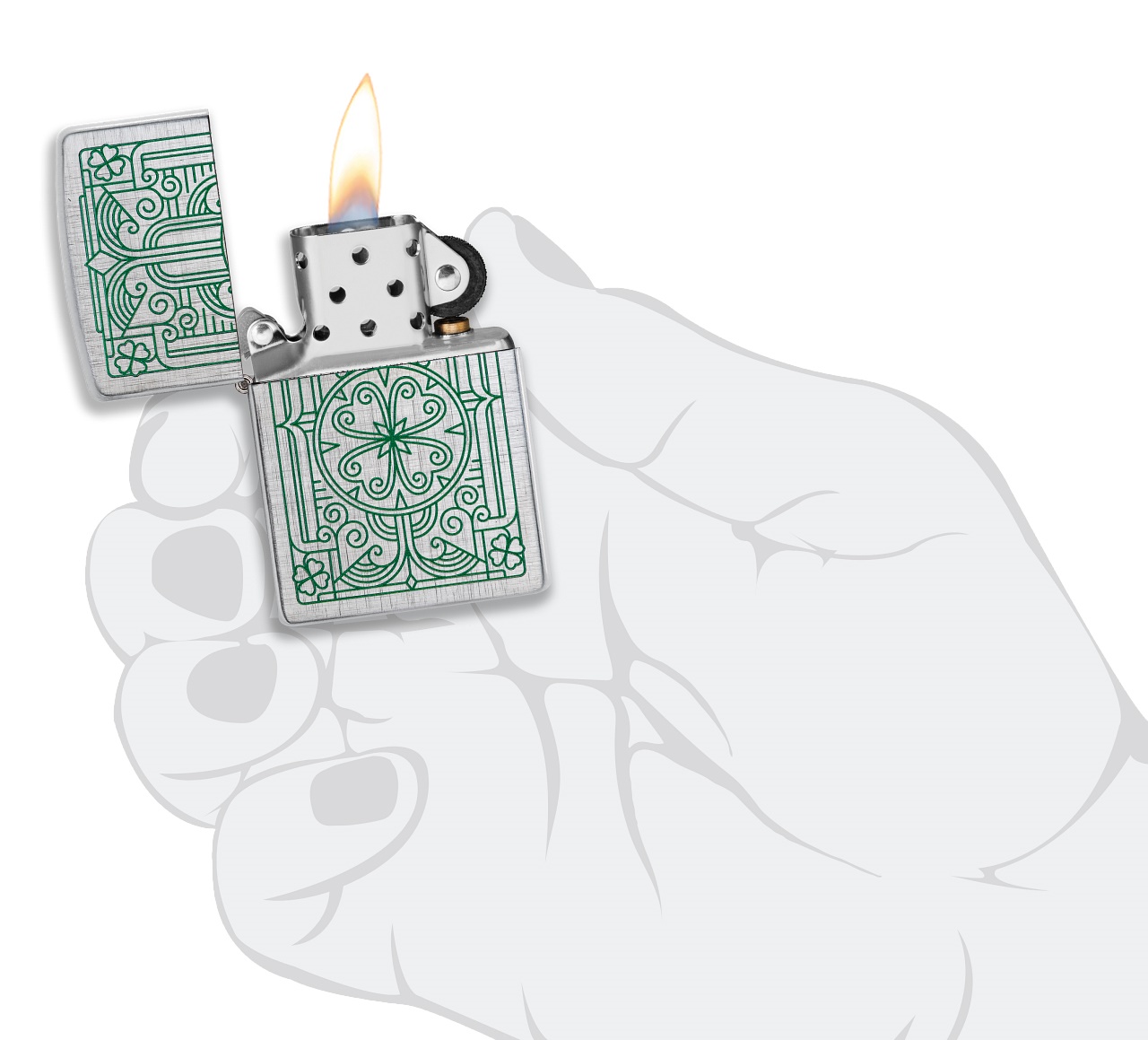 Front shot of Zippo Bejeweled Beetle Design High Polish Brass Windproof Lighter standing at a 3/4 angle.