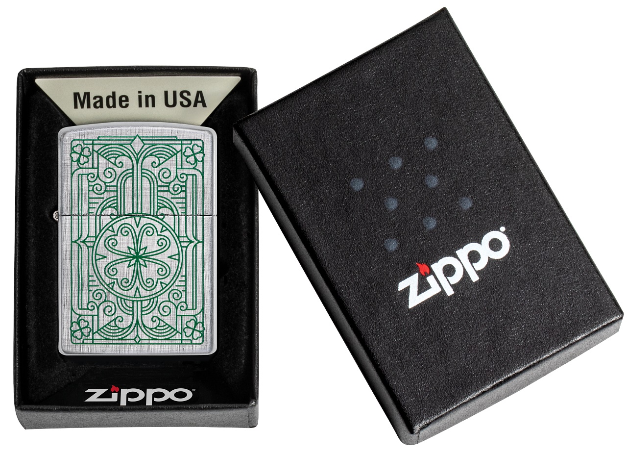 Front shot of Zippo Bejeweled Beetle Design High Polish Brass Windproof Lighter standing at a 3/4 angle.