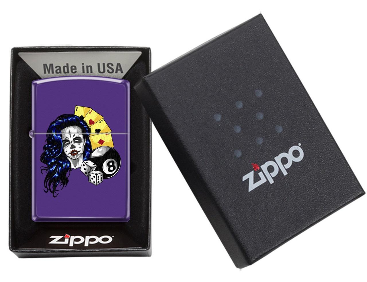 Front shot of Zippo Bejeweled Beetle Design High Polish Brass Windproof Lighter standing at a 3/4 angle.