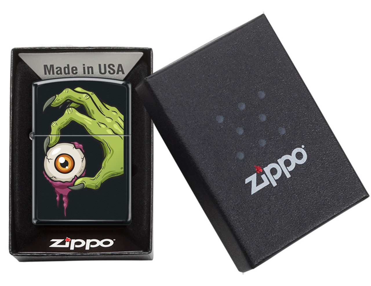 Front shot of Zippo Bejeweled Beetle Design High Polish Brass Windproof Lighter standing at a 3/4 angle.